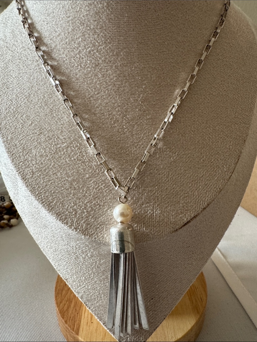 Silver Tassel Pendant Necklace with Pearl Accent - Women Jewelry